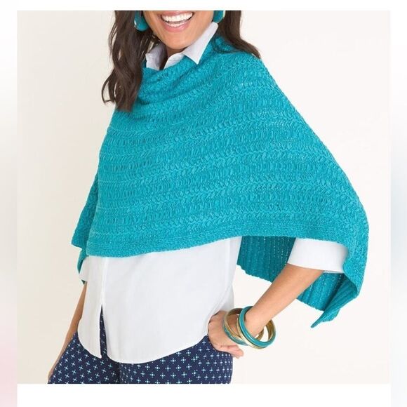 Chico's Turquoise Blue Tape Yarn Chunky Woven Convertible Poncho - Picture 1 of 15
